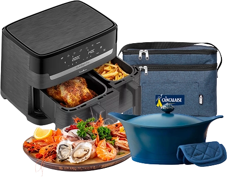 Présentation des lots, un airfryer, un sac isotherme, une cookut et un plateau de fruits de mer